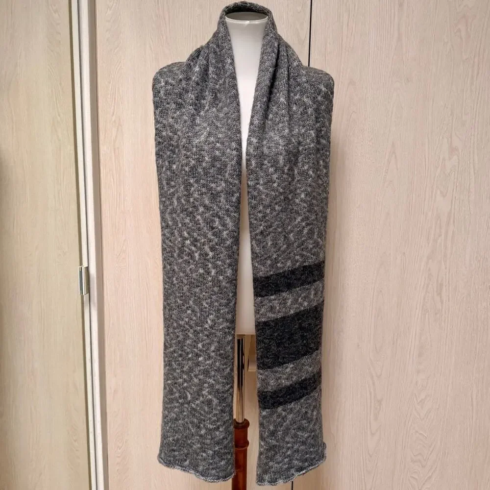 James Perse Gray and charcoal long Striped Marino wool blend Knit Scarf